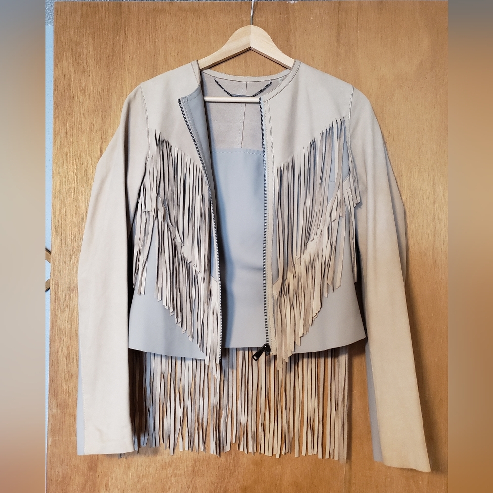 Elie Tahari Paulina Sand Beige Fringe Leather Jacket